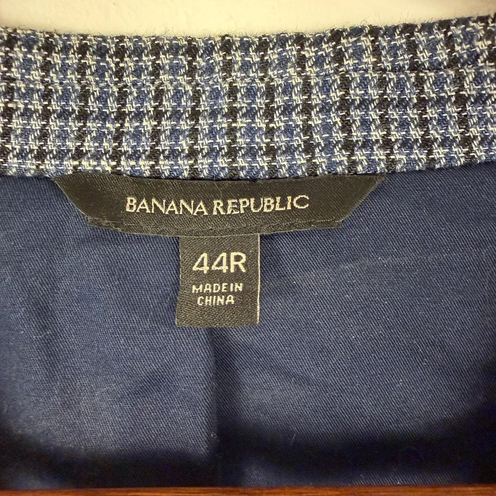 Banana Republic Blazer Mens 44R Blue Houndstooth Linen Blend Sport Coat Tailored